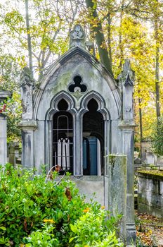A view of the Pere Lachaise, the most famous cemetery in Paris, France,  with the tombs of very famous people