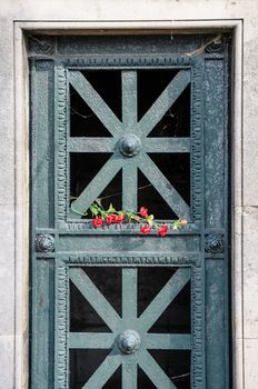 A detail of the Pere Lachaise, the most famous cemetery in Paris, France,  with the tombs of very famous people