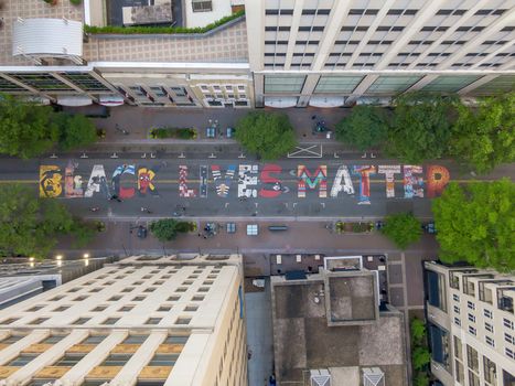 June 14, 2020 - Charlotte, North Carolina, USA: In protest to the ongoing racial riots, Black Lives Matter is painted on the ground on Tryon Street in Charlotte, NC.
