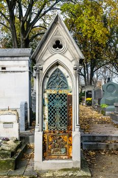 A view of the Pere Lachaise, the most famous cemetery in Paris, France, with the tombs of very famous people