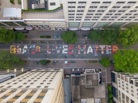 June 14, 2020 - Charlotte, North Carolina, USA: In protest to the ongoing racial riots, Black Lives Matter is painted on the ground on Tryon Street in Charlotte, NC.