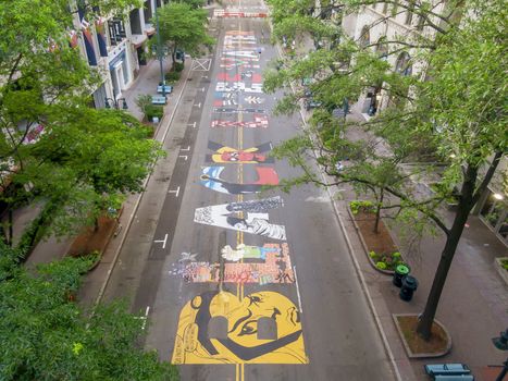June 14, 2020 - Charlotte, North Carolina, USA: In protest to the ongoing racial riots, Black Lives Matter is painted on the ground on Tryon Street in Charlotte, NC.