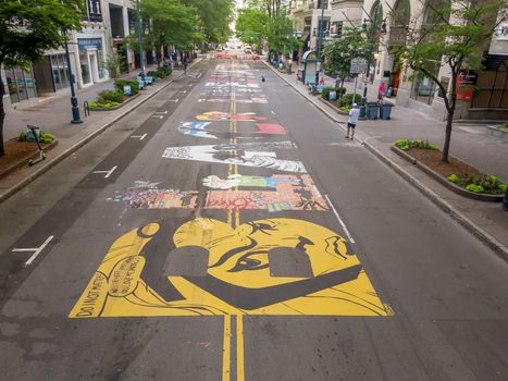 June 14, 2020 - Charlotte, North Carolina, USA: In protest to the ongoing racial riots, Black Lives Matter is painted on the ground on Tryon Street in Charlotte, NC.