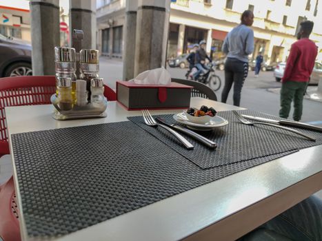 a restaurant table in the street of morocco