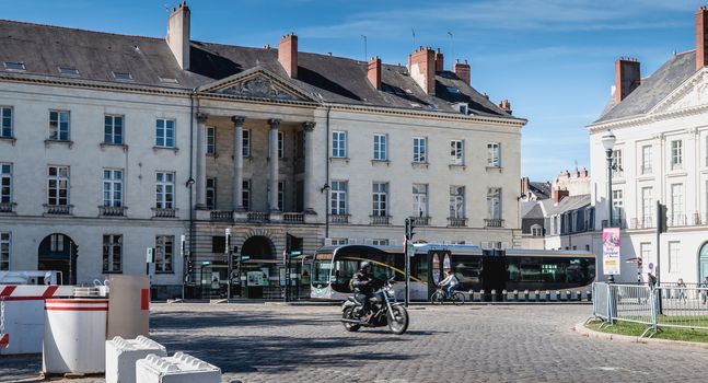 Nantes, France - September 25, 2018: architectural detail of the Montaudouin hotel, a neoclassical mansion built in the late eighteenth century listed as a historic monument