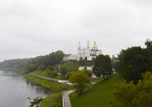 VITEBSK, BELARUS - AUGUST 11, 2019: The view on the orthodox cathedral in the old town of Vitebsk.