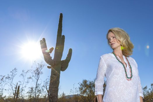 A gorgeous blonde model enjoys a spring day outdoors in the American Southwest