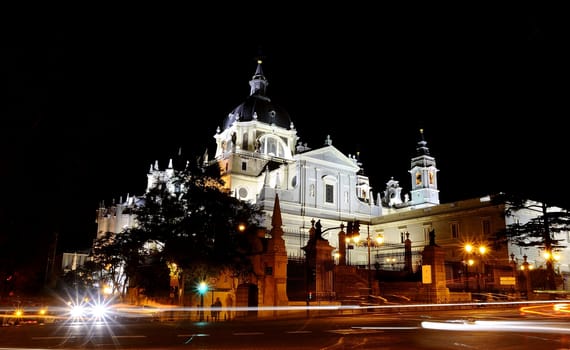 Night view of the Cathedral of Almudena in Madrid.