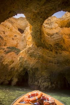 a landscape at the rocks of Ponta da Piedade near Lagos and Luz at the Algarve of Portugal in Europe.