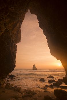 a landscape at the rocks of Ponta da Piedade near Lagos and Luz at the Algarve of Portugal in Europe.