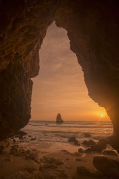 a landscape at the rocks of Ponta da Piedade near Lagos and Luz at the Algarve of Portugal in Europe.
