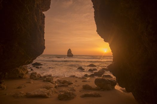 a landscape at the rocks of Ponta da Piedade near Lagos and Luz at the Algarve of Portugal in Europe.
