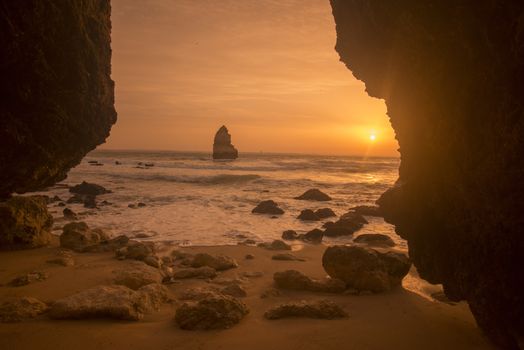 a landscape at the rocks of Ponta da Piedade near Lagos and Luz at the Algarve of Portugal in Europe.