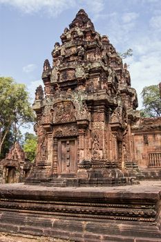 Chapel, or Prasats at the ancient Khmer temple of Banteay Srei, build in 967 in Angkor, Cambodia.