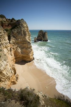 a landscape at the rocks of Ponta da Piedade near Lagos and Luz at the Algarve of Portugal in Europe.