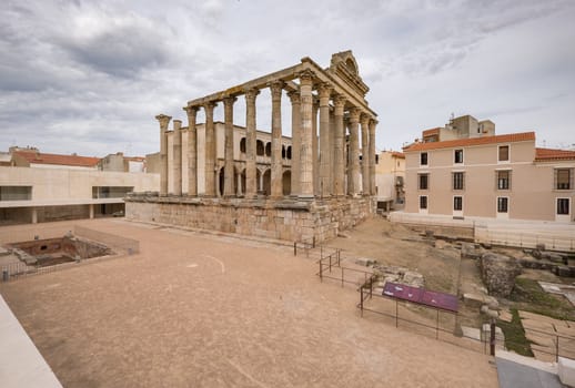 View of the Temple of Diana, famous monument built on the Palace of the Corbos in Merida. Estremadura. Spain