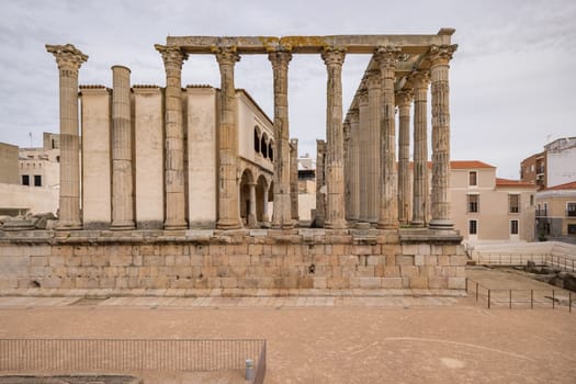 View of the Temple of Diana, famous monument built on the Palace of the Corbos in Merida. Estremadura. Spain