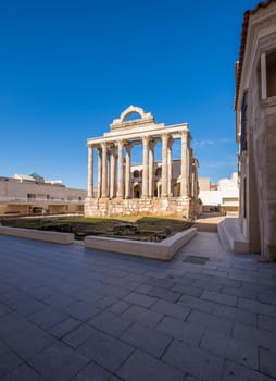 View of the Temple of Diana, famous monument built on the Palace of the Corbos in Merida. Estremadura. Spain