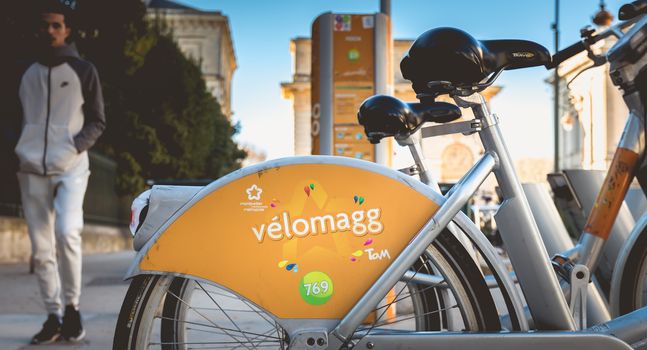 Montpellier, France - January 2, 2019: Velomagg bike sharing city bikes for rental in Montpellier. Bike sharing is a popular city transport