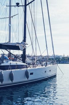 Yachts and boats in the harbor on Mediterranean sea coast, travel and leisure scene