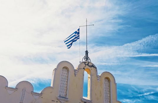 Greek flag and blue sky, travel and politics concept