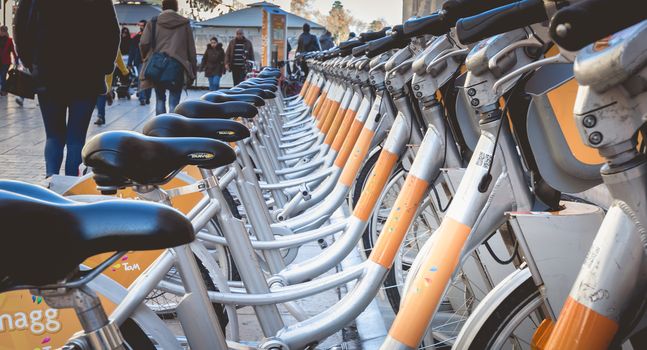 Montpellier, France - January 2, 2019: Velomagg bike sharing city bikes for rental in Montpellier. Bike sharing is a popular city transport