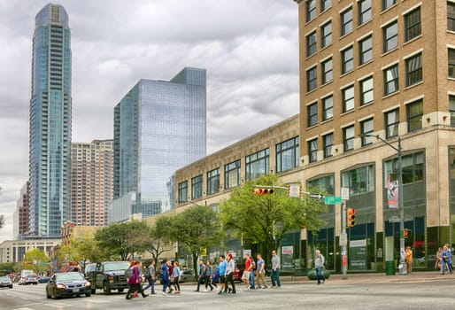 AUSTIN, TEXAS, SXSW South by Southwest Annual music, film, and interactive conference and festival. Downtown Austin, 6th street intersection