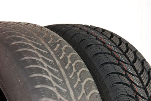 Fragment a old and new modern winter car tires