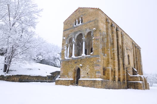 Santa Maria of Naranco in Oviedo, under heavy snow.