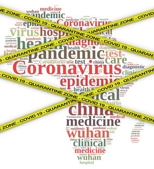 COVID-19 warning yellow ribbon. Wuhan coronavirus concept in word tag cloud on Africa.