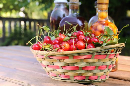 Baskets with cherries to make cherry liqueur.