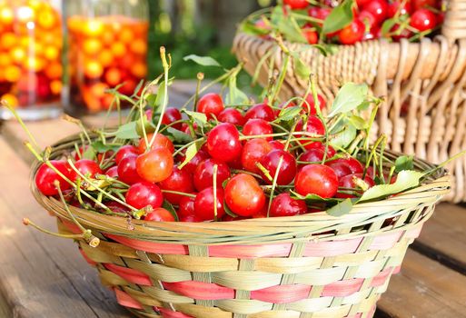 Baskets with cherries to make cherry liqueur.