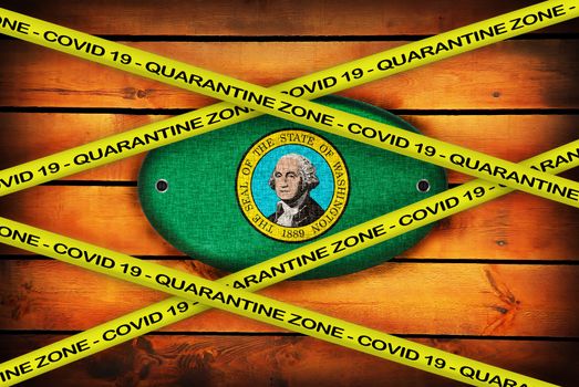 COVID-19 warning yellow ribbon written with: Quarantine zone Cover 19 on Washington flag illustration. Coronavirus danger area, quarantined country.