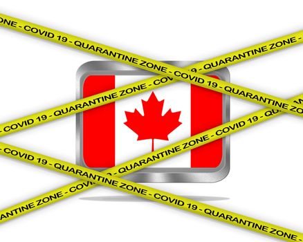 COVID-19 warning yellow ribbon written with: Quarantine zone Cover 19 on Canada flag illustration. Coronavirus danger area, quarantined country.