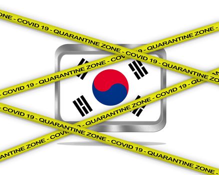 COVID-19 warning yellow ribbon written with: Quarantine zone Cover 19 on South Korea flag illustration. Coronavirus danger area, quarantined country.