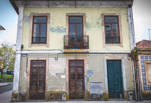 Aveiro, Portugal - May 7, 2018: Small traditional house architecture detail in the historic city center of the city on a spring day