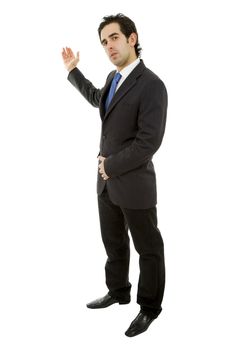 Handsome businessman with arm out in a welcoming gesture, isolated on white