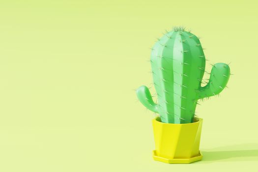 Cactus in cartoon minimal style with light green background. It is a plant that lives in the western desert. Concept of lover cactus. Copy space for your article on the left. 3D illustration rendering