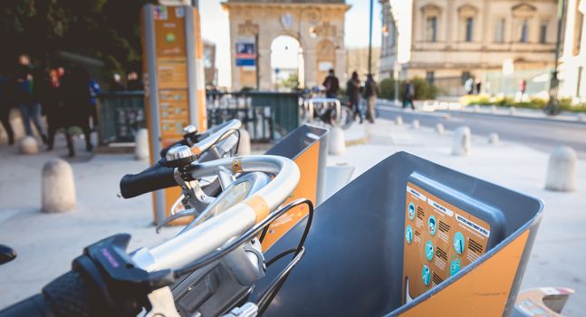 Montpellier, France - January 2, 2019: Velomagg bike sharing city bikes for rental in Montpellier. Bike sharing is a popular city transport