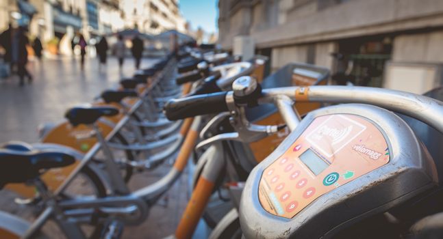 Montpellier, France - January 2, 2019: Velomagg bike sharing city bikes for rental in Montpellier. Bike sharing is a popular city transport