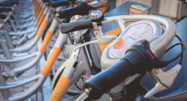 Montpellier, France - January 2, 2019: Velomagg bike sharing city bikes for rental in Montpellier. Bike sharing is a popular city transport