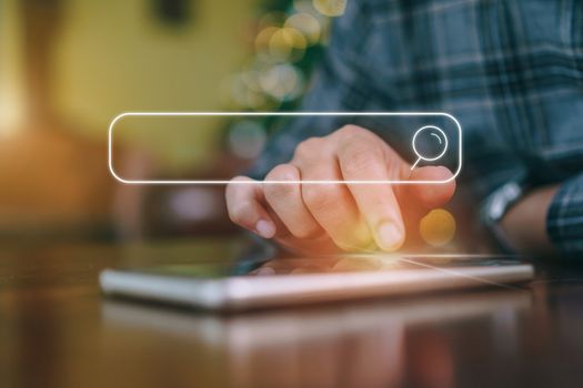 People hand using mobile phone or smartphone searching for information in internet online society web with search box icon and copyspace.