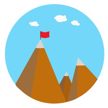 Landscape with flag on the mountain. Success concept. Flat background with mountains.