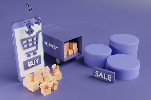 Boxes from online shopping with mockup scene creator in  3D illustration or 3D rendering for product sale/promotion advertising