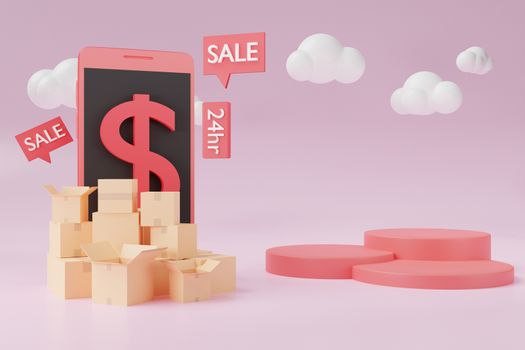 Boxes from online shopping with mockup scene creator in  3D illustration or 3D rendering for product sale/promotion advertising