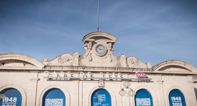 Sete, France - January 4, 2019: Architecture detail of the SNCF train station in the city center on a winter day