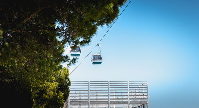 Lisbon, Portugal - May 7, 2018: Telecabine Lisboa at Park of Nations (Parque das Nacoes). Cable car in the modern district of Lisbon over the Tagus river on a spring day
