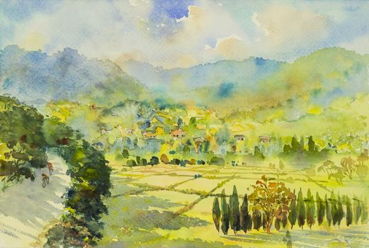 Painting watercolor landscape original colorful of mountain hill and man,woman,cycling exercise morning on street in the spring season. Hand painted, blue sky cloud background,beauty nature summer season.