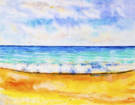 Watercolor seascape original painting colorful of sea view,beach, wave and sky,cloud background in the morning bright, nature beauty season. Painted impressionist, abstract images.