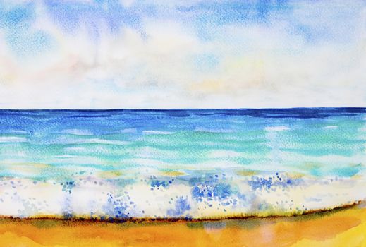 Watercolor seascape original painting colorful of sea view,beach, wave and sky,cloud background in the morning bright, nature beauty season. Painted impressionist, abstract images.
